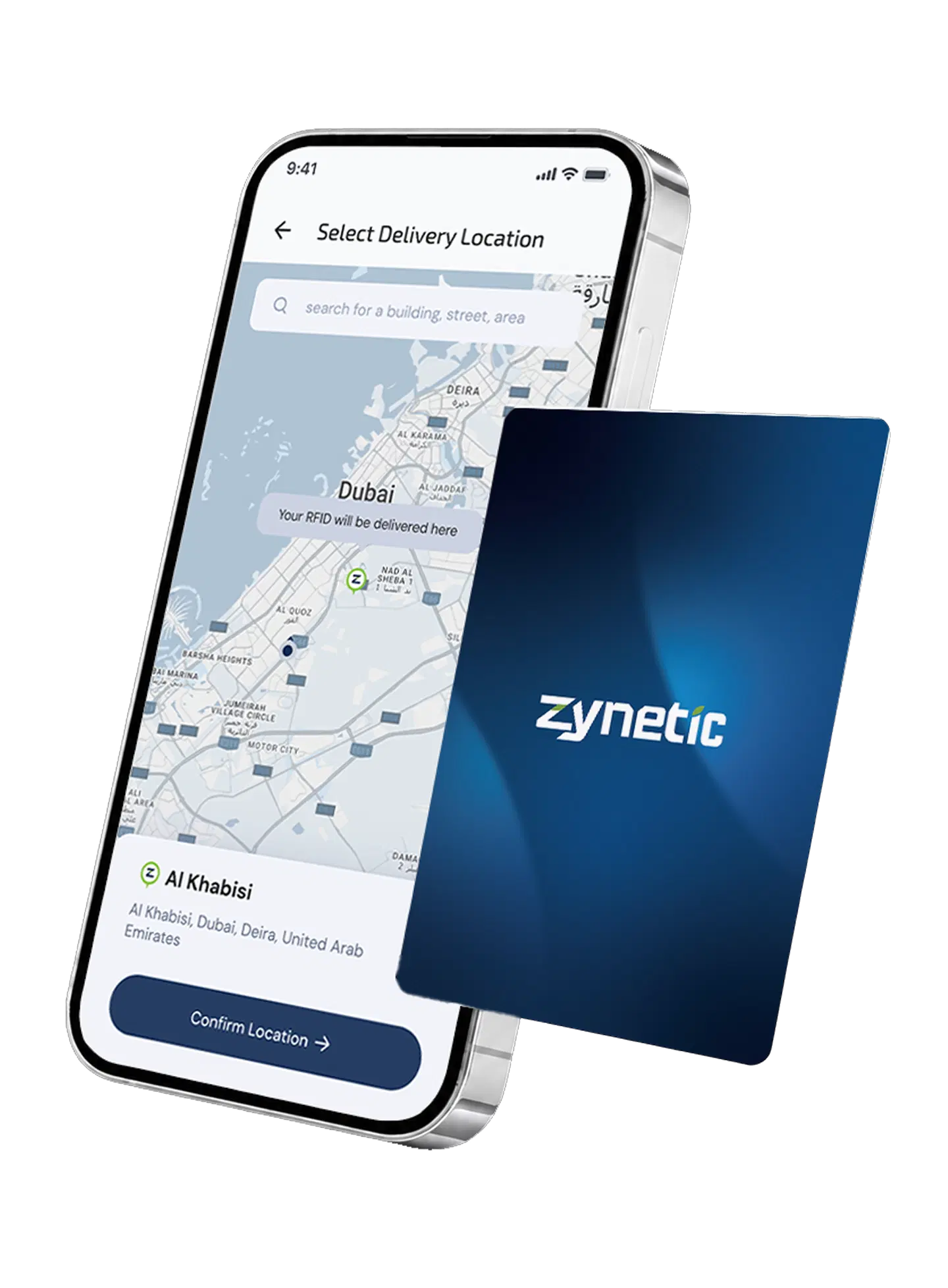 Customer App screen for selecting an RFID card delivery location.