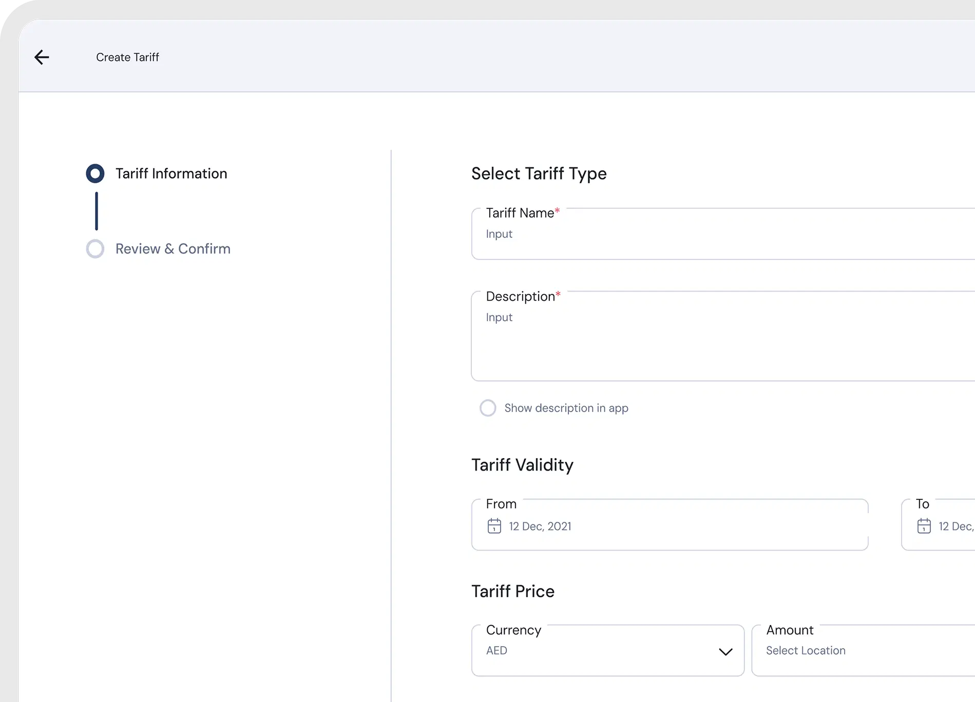 CPMS tariff and billing screen for charging pricing rules.