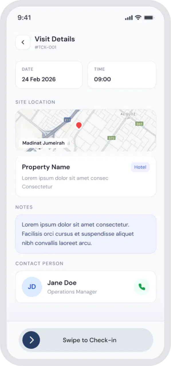 Operations App visit details screen for on-site service tasks.