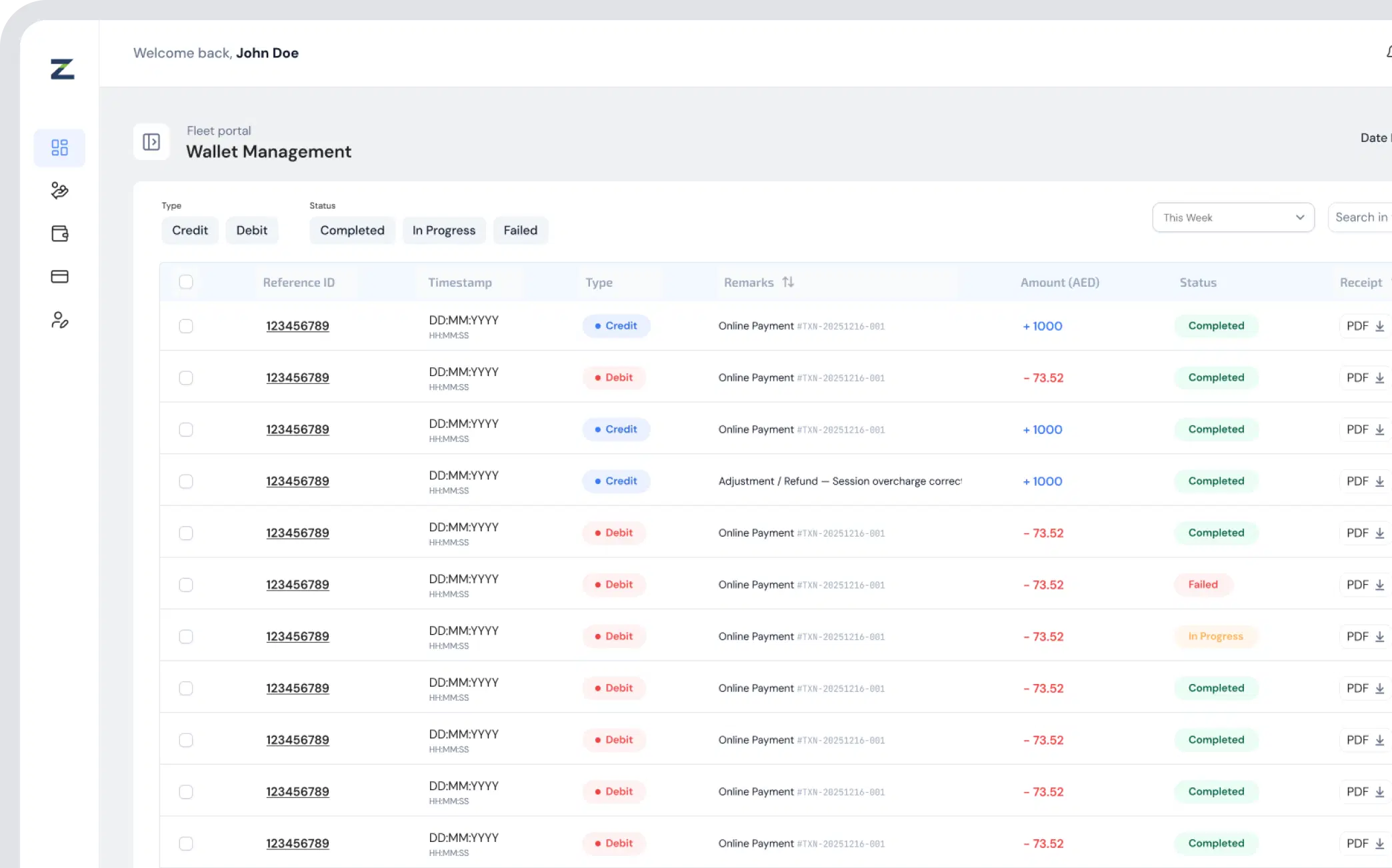 Fleet Panel wallet ledger showing itemised credits and debits.